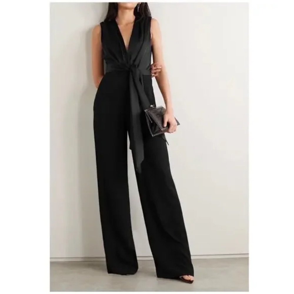 Jonathan Simkhai Tie Front Satin Wrap Jumpsuit Sleeveless V-Neck Black